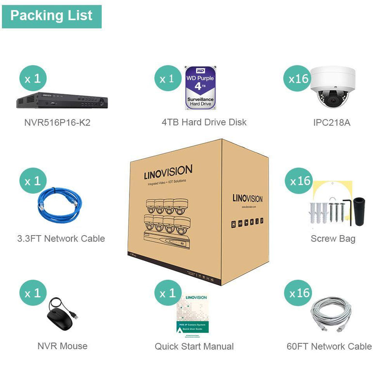 16 Channel 4K IP PoE Security Camera System 16ch 4K NVR and 16 Outdoor 8MP Dome PoE IP Cameras with 4TB HDD - LINOVISION US Store