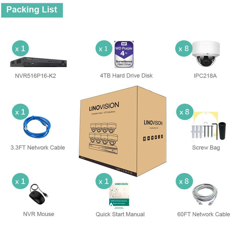 16 Channel 4K IP PoE Security Camera System 16ch 4K NVR and 8 Outdoor 8MP Dome PoE IP Cameras with 4TB HDD - LINOVISION US Store
