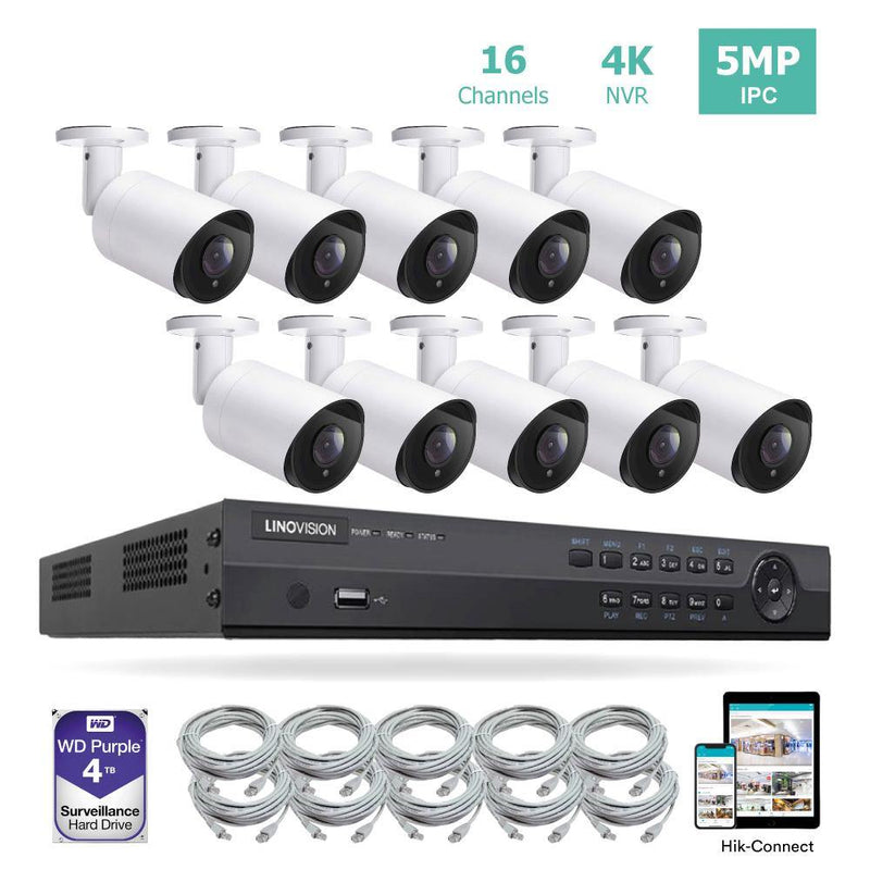 16 Channel 4K PoE IP Camera System 16 Channel 4K NVR and 10 5MP PoE Bullet Security Cameras With 4TB HDD - LINOVISION US Store