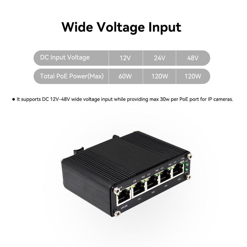 5 Ports Full Gigabit POE Switch with DC12V ~ DC48V Input and Voltage Booster,Total IEEE802.3at POE Power Budget 120W, POE Supply for Solar Power System or Vehicle & RV - LINOVISION US Store