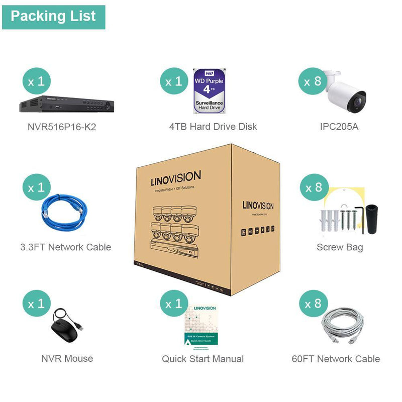 16 Channel 4K PoE IP Camera System 16 Channel 4K NVR and 8 5MP PoE Bullet Security Cameras With 4TB HDD - LINOVISION US Store