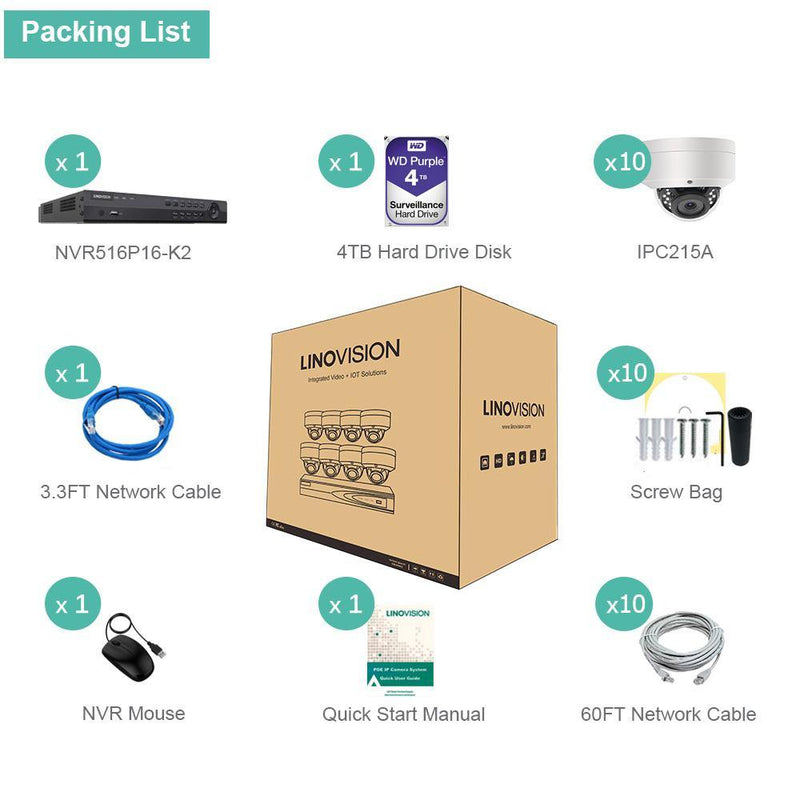 16 Channel 4K PoE Security Camera System 16CH 4K NVR and 10 Outdoor 5MP Dome PoE IP Cameras with 4TB HDD - LINOVISION US Store