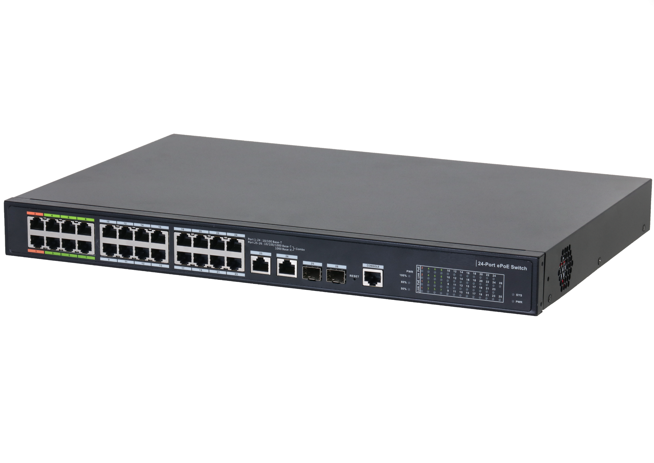 24 Ports PoE & EoC Hybrid Switch, Port 1-8 supports PoE over Coax, Por