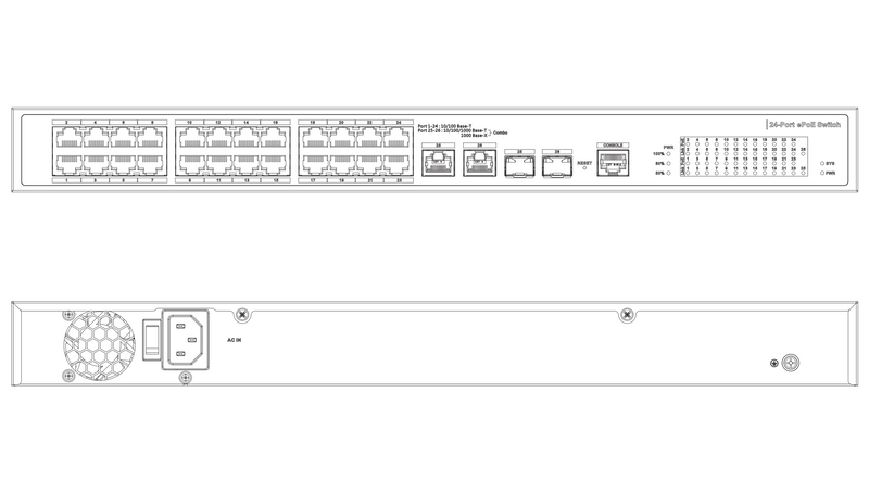 24 Ports PoE & EoC Hybrid Switch, Port 1-8 supports PoE over Coax, Port 1-2 supports BT60W, Total PoE Budget 360W