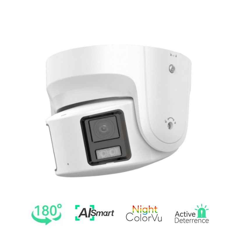 4K Dual-Lens 180° Panoramic Camera with Night ColorVu, Active Deterrence Light and Two-Way Talk