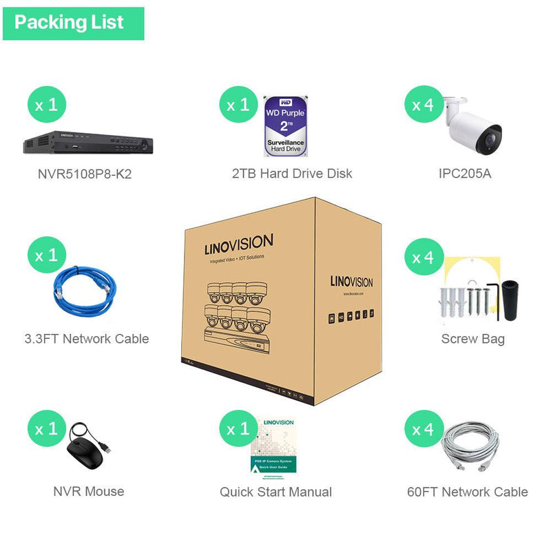 8 Channel 4K PoE IP Camera System 8 Channel 4K NVR and 4 Pcs 5MP PoE Bullet Security Cameras with 2TB HDD - LINOVISION US Store