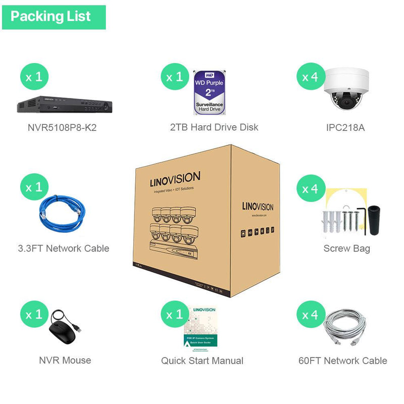 8 Channel 4K IP PoE Security Camera System 8ch 4K NVR with 2TB HDD and 4 Outdoor 8MP PoE IP Dome Cameras - LINOVISION US Store