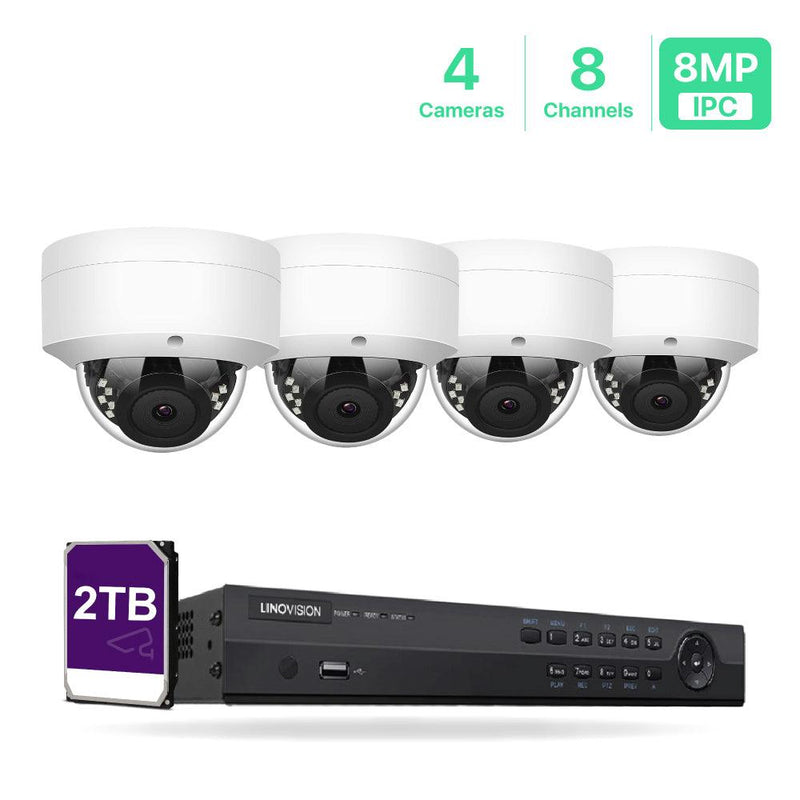 8 Channel 4K IP PoE Security Camera System 8ch 4K NVR with 2TB HDD and 4 Outdoor 8MP PoE IP Dome Cameras - LINOVISION US Store