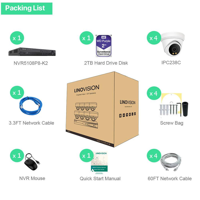 8 Channel 8MP PoE IP Camera System 8CH 4K NVR and 4 Pcs 8MP Night ColorVu PoE Turret Security Cameras with 2TB HDD - LINOVISION US Store