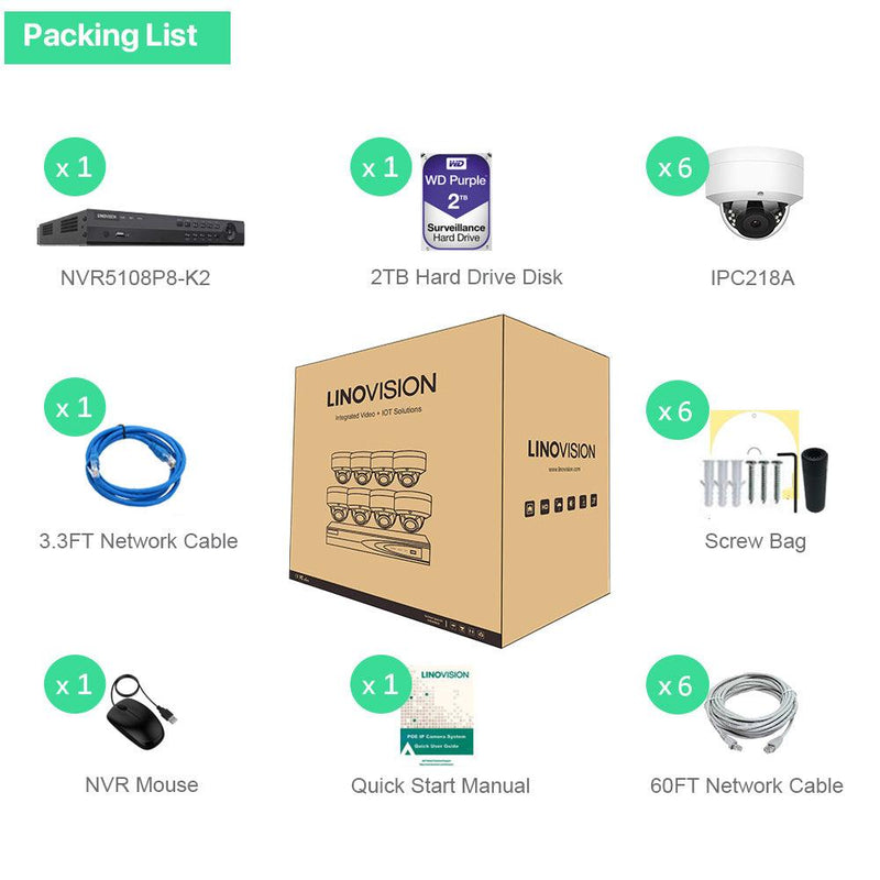8 Channel 4K IP PoE Security Camera System 8ch 4K NVR with 2TB HDD and 6 Outdoor 8MP PoE IP Dome Cameras - LINOVISION US Store