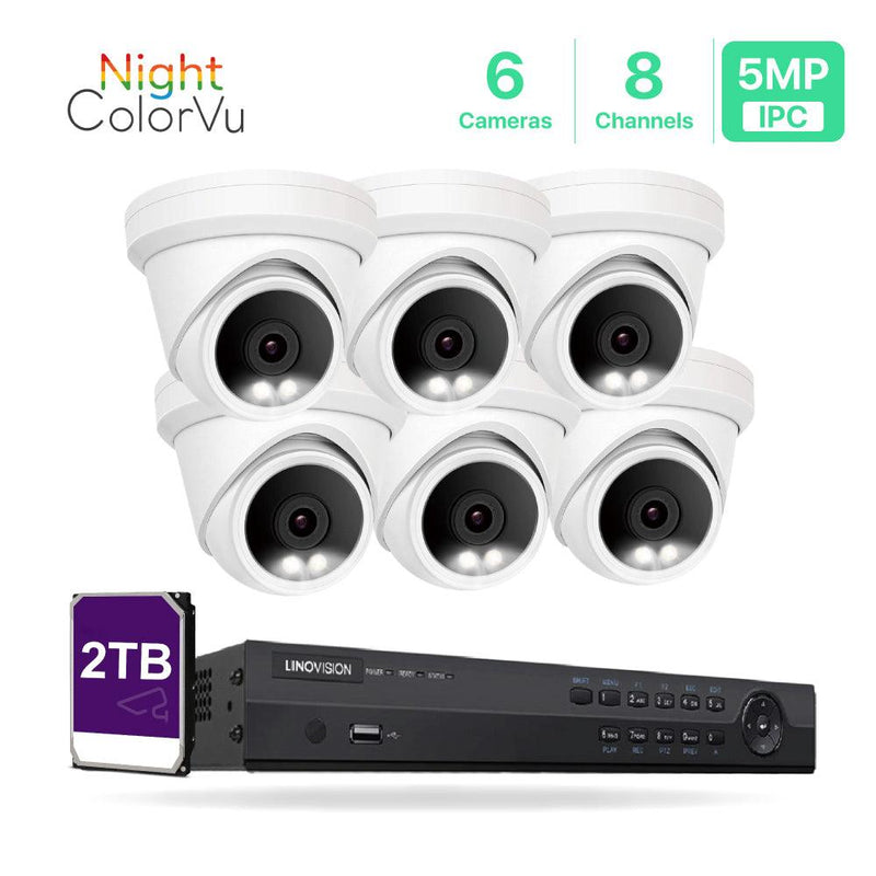 8 Channel 5MP PoE IP Camera System 8CH 4K NVR and 6 Pcs 5MP Night ColorVu PoE Turret Security Cameras with 2TB HDD - LINOVISION US Store
