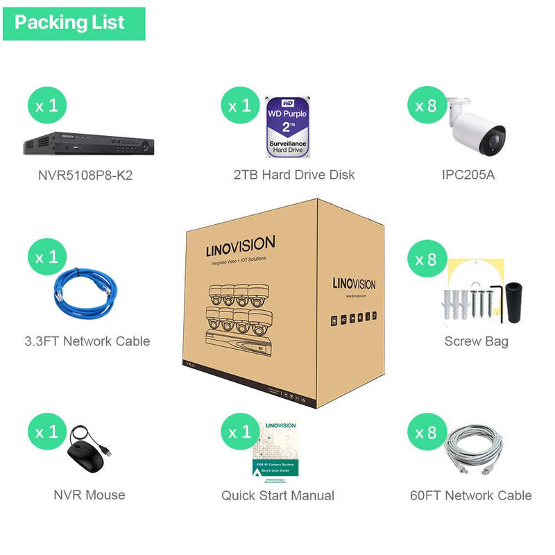 8 Channel 4K PoE IP Camera System 8 Channel 4K NVR and 8 Pcs 5MP PoE Bullet Security Cameras with 2TB HDD - LINOVISION US Store