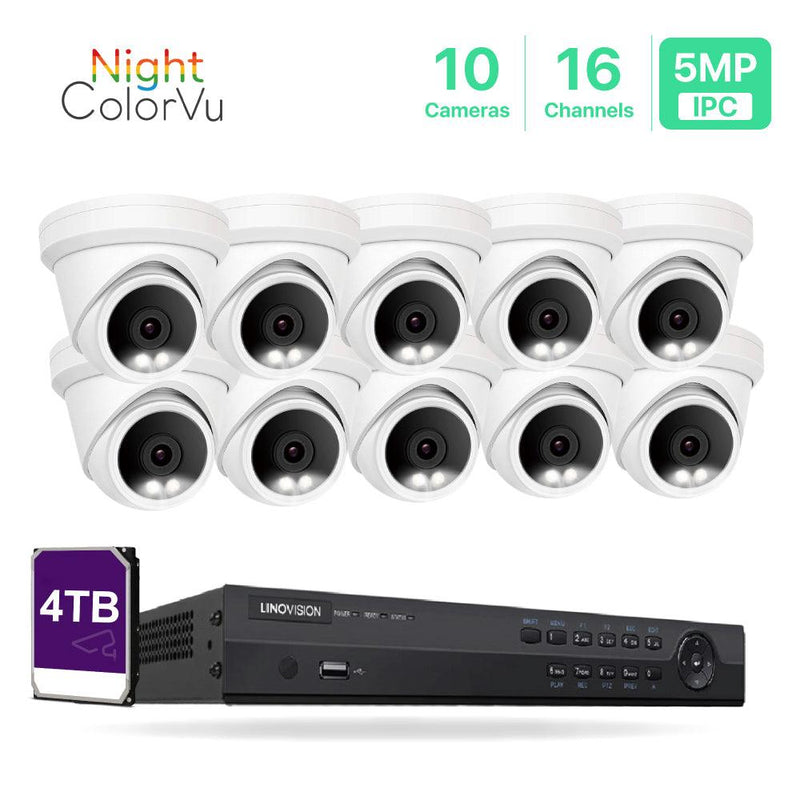 16 Channel 5MP PoE IP Camera System 16CH 4K NVR and 10 Pcs 5MP Night ColorVu PoE Turret Security Cameras with 4TB HDD - LINOVISION US Store