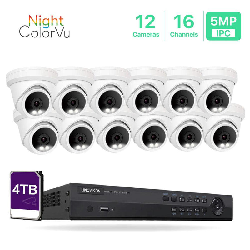 16 Channel 5MP PoE IP Camera System 16CH 4K NVR and 12 Pcs 5MP Night ColorVu PoE Turret Security Cameras with 4TB HDD - LINOVISION US Store