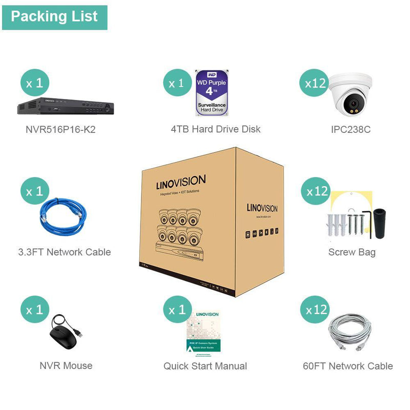16 Channel 4K IP PoE Security Camera System 16ch 4K NVR and 12 8MP Colorful Night Vision Turret PoE IP Cameras with 4TB HDD Support Audio Night Vision POE Plug-n-Play - LINOVISION US Store