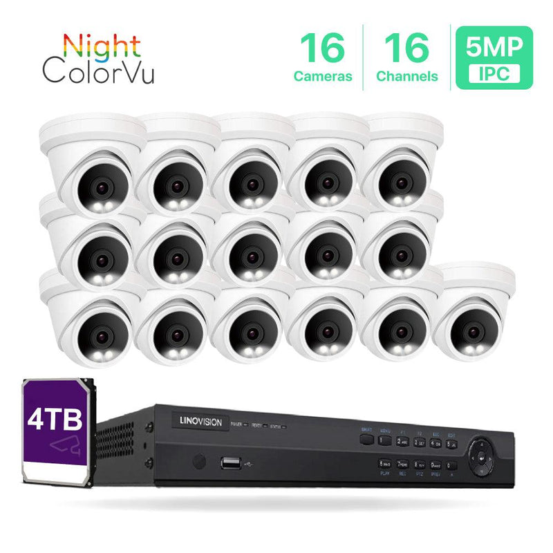 16 Channel 5MP PoE IP Camera System 16CH 4K NVR and 16 Pcs 5MP Night ColorVu PoE Turret Security Cameras with 4TB HDD - LINOVISION US Store