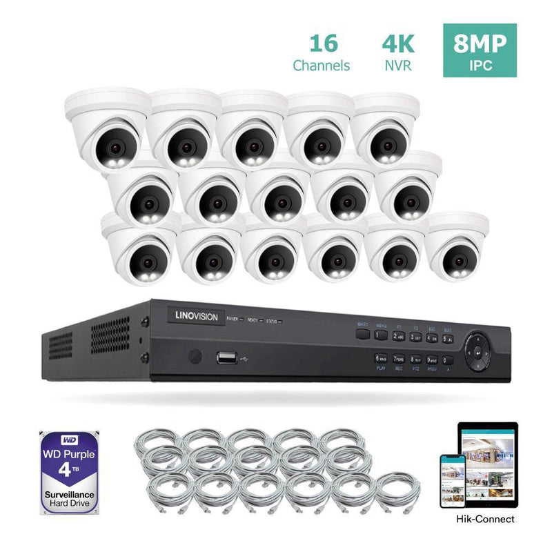 16 Channel 4K IP PoE Security Camera System 16ch 4K NVR and 16 8MP Colorful Night Vision Turret PoE IP Cameras with 4TB HDD Support Audio Night Vision POE Plug-n-Play - LINOVISION US Store