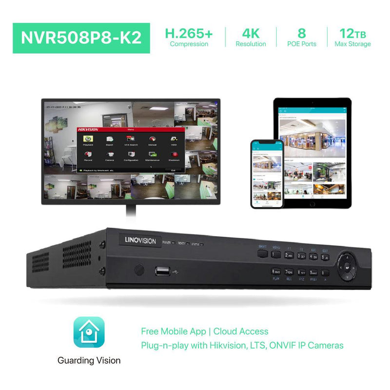8 Channel 4K IP PoE Security Camera System 8ch 4K NVR with 2TB HDD and 4 Outdoor 8MP PoE IP Dome Cameras - LINOVISION US Store