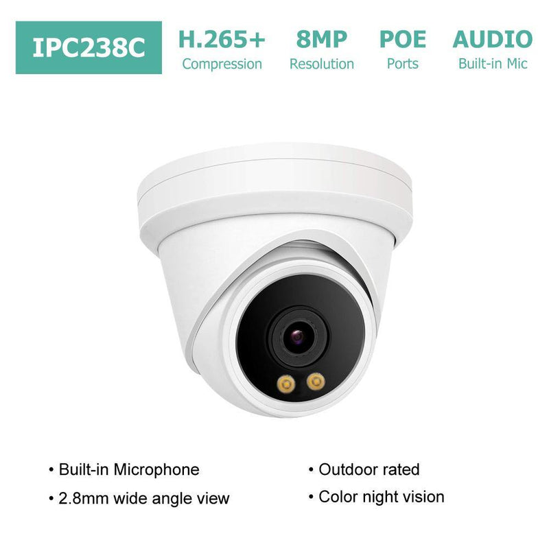 4K ColorVu POE IP Turret Camera support 24hr color night vision with warm white LED and ONVIF NDAA Compliant for commercial video surveillance (IPC238C) - LINOVISION US Store