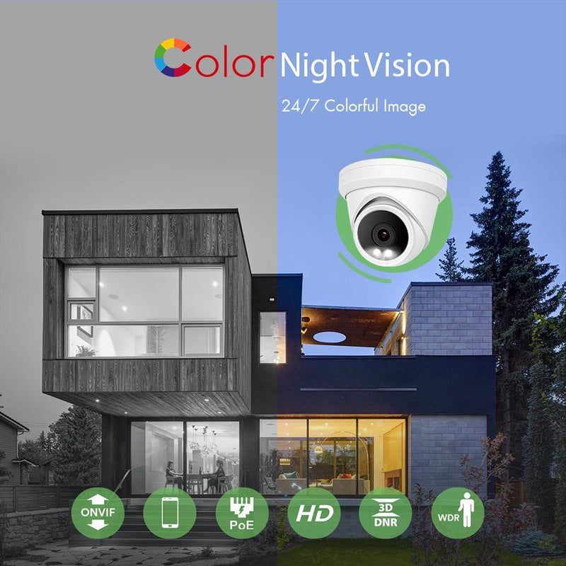 4K ColorVu POE IP Turret Camera support 24hr color night vision with warm white LED and ONVIF NDAA Compliant for commercial video surveillance (IPC238C) - LINOVISION US Store